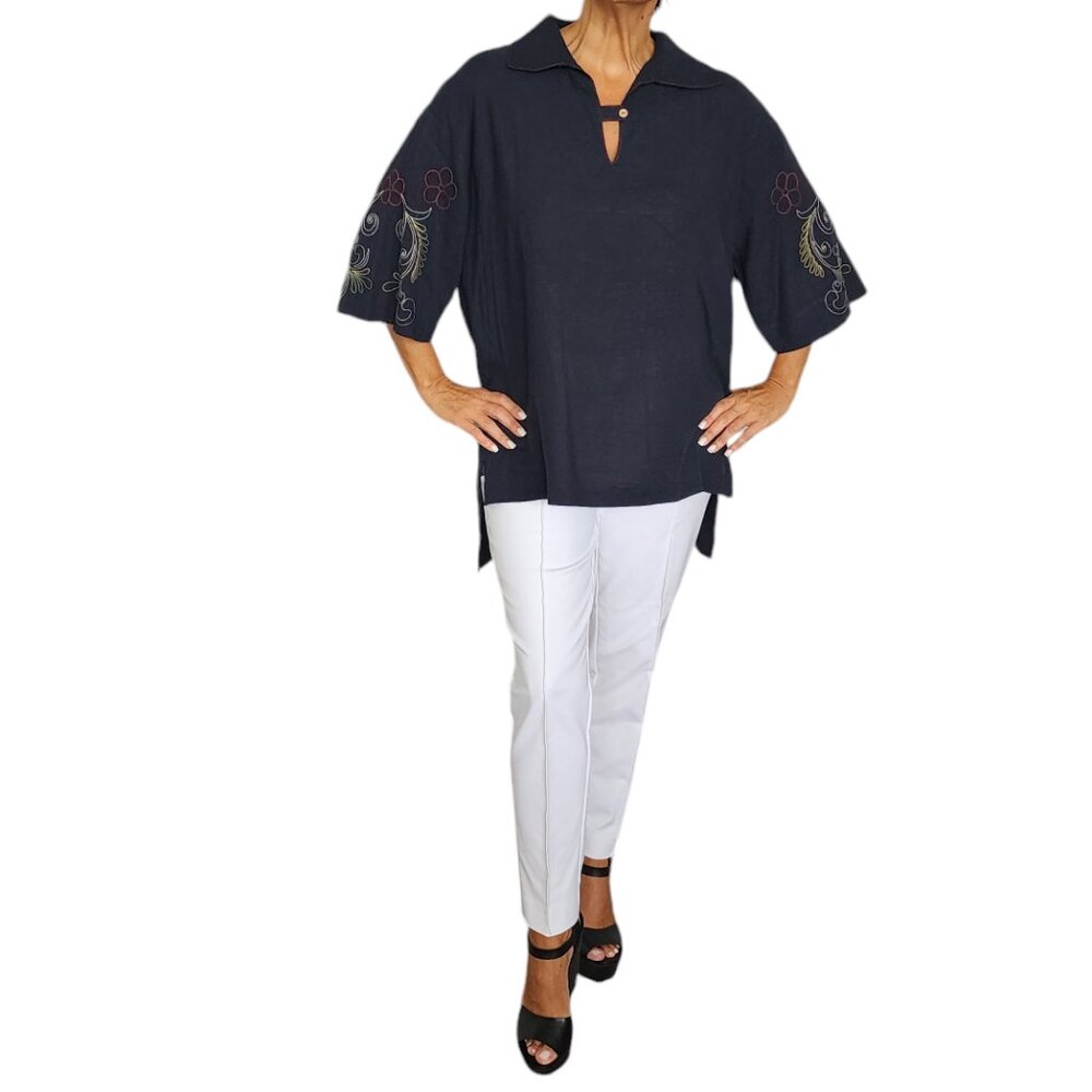Women's Black Embroidered Tunic Top, 3/4 Sleeve, Keyhole Neck, Boho Style